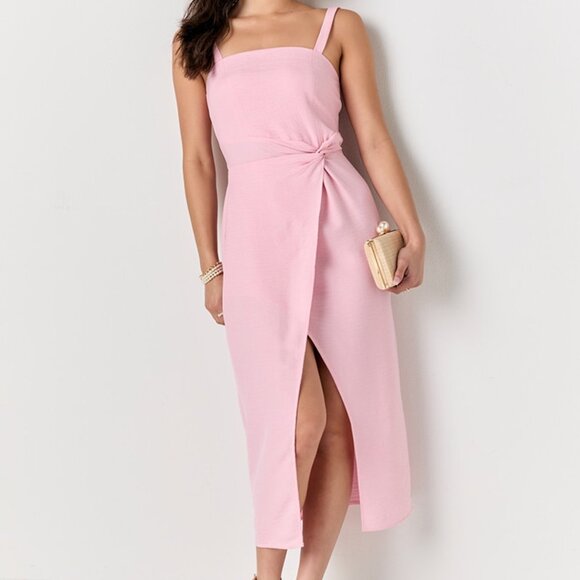 Kayley Light Pink Linen Slit Midi Dress - Picture 1 of 4